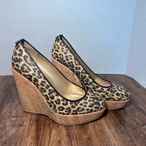 Stuart Weitzman Beige/Black Leopard Print Raffia Platform Wedge Pumps Size 7